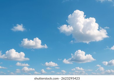 Una Imagen de Alta resolución que muestra un cielo azul vibrante lleno de nubes blancas dispersas. La luz natural del día resalta las suaves texturas de las nubes.