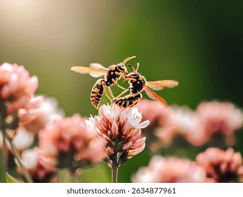 A high-resolution macro image of two wasps interacting atop a pink and white flower in a sunlit meadow.