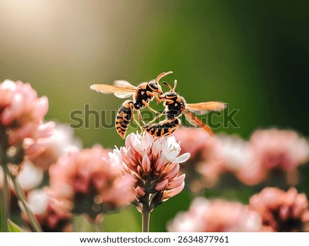 A high-resolution macro image of two wasps interacting atop a pink and white flower in a sunlit meadow.