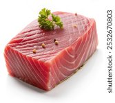 A high-resolution macro shot of a tuna steak on a white background