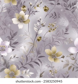 A high-resolution seamless botanical textile pattern featuring delicate flowers and leaves in muted tones, ideal for apparel and upholstery.