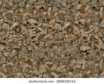 High-resolution seamless texture featuring stacked cut firewood logs arranged in a dense natural pattern. Detailed wood grain, tree rings, and rustic timber surfaces make this image ideal for backgrounds, forestry themes, fuelwood concepts, architecture visualizations, interior design, packaging, and texture mapping projects.