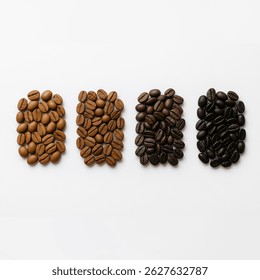 High-resolution top view of four groups of Gayo Aceh coffee beans arranged in a row from light roast to dark roast on a clean white background. 