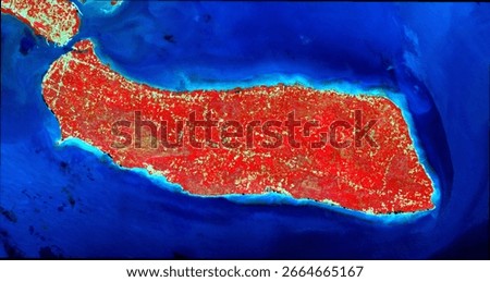 High-resolution top view image of Poteran Island, Madura, Indonesia, taken by the Sentinel-2 earth observation satellite in July 2025. False-color image showing vegetation in red and water in blue.
