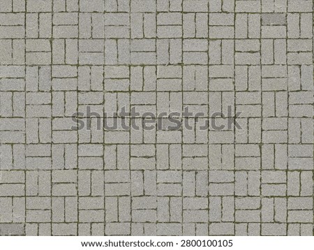 High-resolution top view of a seamless gray interlocking brick pavement texture arranged in a basket weave pattern. Uniform concrete pavers create a repeating geometric surface ideal for architectural visualization, landscape design, urban planning, exterior flooring, construction materials, and digital background applications.