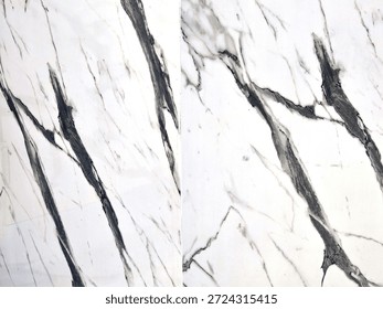 High-resolution white marble texture featuring dramatic, bold charcoal and dark grey veining. This natural stone pattern showcases elegant diagonal strokes and intricate feathering, making it ideal for luxury interior design backgrounds, architectural surfaces, or sophisticated digital backdrops. The clean white base provides a high-contrast aesthetic suitable for both modern and classic design projects.