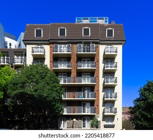 High-rise Apartment Building In Inner Melbourne Suburb VIC Australia.  Building Complex In Leafy Suburbia Great Urban Living High Density Suburban City 