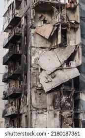 A high-rise building was completely destroyed as a result of a direct missile hit. Military crime of Russia. War in Ukraine.