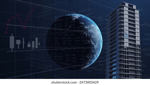 High-rise building towering beside digital globe displaying data charts. Night scene showcasing technology's influence on city growth - Powered by Shutterstock