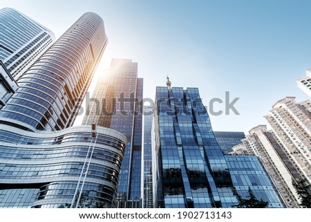 High-rise buildings in the financial district of the city, Qingdao, China.
