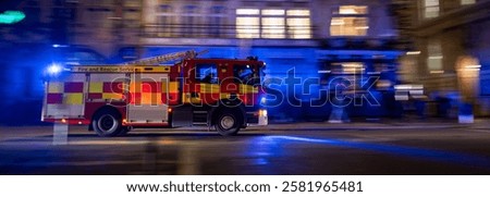  high-speed fire engine rushes to a call, navigating city streets with flashing emergency lights. The image captures the urgency of firefighting and first responders in urban environments.