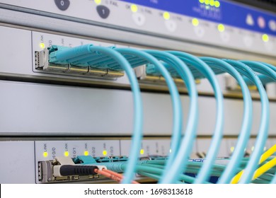 High-speed Internet Switch Interfaces Are In The Server Room. The Main Communication Links Are In The Datacenter.The Front Panel Of The Central Router Has Many Fiber-optic Wires.