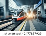 High-speed orange passenger train moving at railway station platform at sunset. Train station. Modern railway transportation concept with blurred motion effect. Railroad. Commercial transport