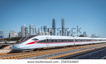 High-Speed Train Accelerating Through a Modern Urban Skyline  