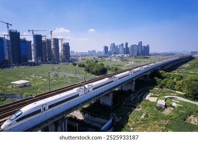 High-Speed Train Gliding Through a Modern Urban Landscape  