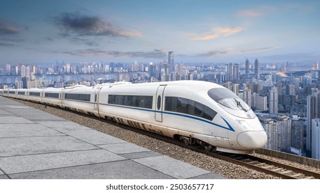 High-Speed Train Gliding Through a Vibrant Urban Skyline   - Powered by Shutterstock