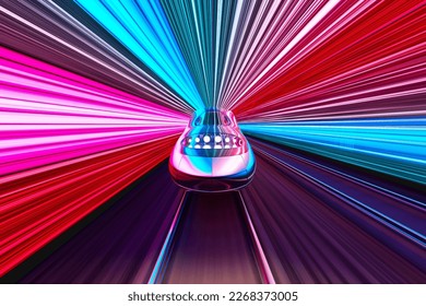 High-speed train speeds through a pink and blue neon-lit futuristic tunnel. - Powered by Shutterstock