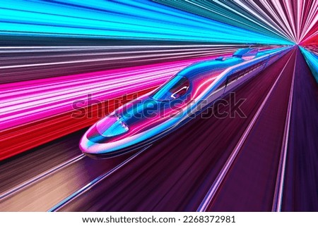 High-speed train speeds through a pink and blue neon-lit futuristic tunnel.