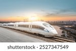 High-Speed Train Traversing Urban Landscape at Sunset  