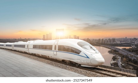 High-Speed Train Traversing Urban Landscape at Sunset