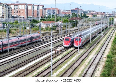 high-speed trains: two trains on tracks ready to travel and transport passengers for economic activities and tourism. Ideal for traveling on holidays, economic and green transport par excellence. - Shutterstock ID 2162247633