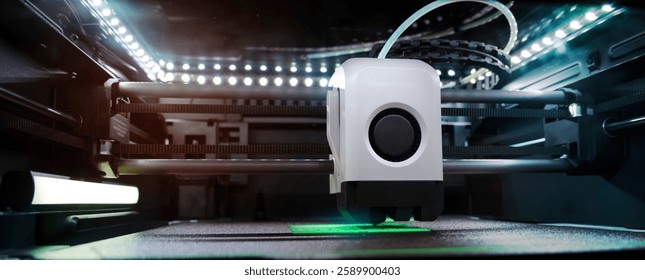 A High-Tech 3D Printer Is Operating in a Dimly Lit Workspace, Producing an Intricate Design With Precision. Bright Lights Illuminate the Printer’s Components, Showcasing Its Advanced Technology.