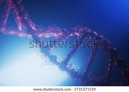 High-tech 3D render of a DNA double helix molecule with red particles. Concept for genetic engineering, biotechnology, and medical research on a blue background. CRISPR technology