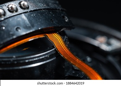 High-tech board-to-board cable inside the lens close-up