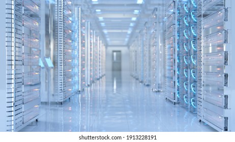 High-tech bright data center with computers and lights.
