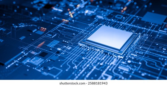 High-tech computer chip on blue circuit board with electronic components, close-up view, technology background, integrated circuits, digital, futuristic, ai hardware, semiconductor - Powered by Shutterstock - Get 15% off with code: PIKWIZARD15