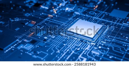 High-tech computer chip on blue circuit board with electronic components, close-up view, technology background, integrated circuits, digital, futuristic, ai hardware, semiconductor