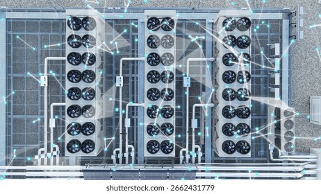 High-tech data center rooftop with ventilators and digital graphics overlay representing network connectivity
