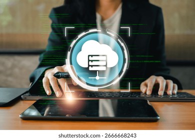 High-tech data center showcasing cloud computing and digital storage solutions with advanced technology.