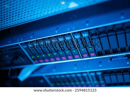 High-tech data storage technology showcasing a server rack with hard drives and LED indicators, emphasizing modern electronic design and functionality.