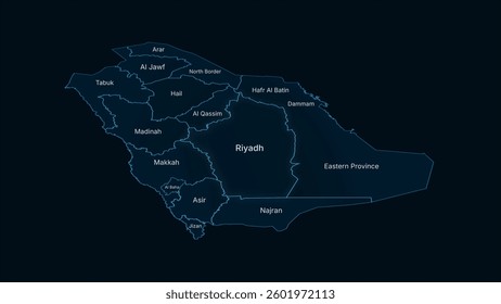 A high-tech digital perspective map of Saudi Arabia in a glowing blue futuristic style. Featuring sleek circuits and a digital grid, perfect for technology themes, business presentations