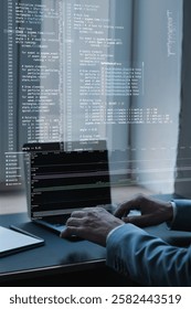 High-tech digital workspace with fictional programming elements, artificial intelligence scripts, and system diagnostics. Professional working in advanced computing environment. Concept of IT