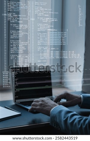High-tech digital workspace with fictional programming elements, artificial intelligence scripts, and system diagnostics. Professional working in advanced computing environment. Concept of IT