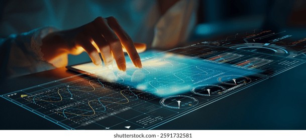 A high-tech environment featuring a hand interacting with a futuristic transparent touchscreen display, showcasing data analytics and digital visuals for business insights.