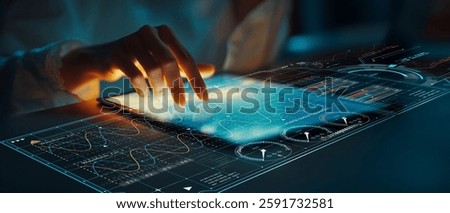 A high-tech environment featuring a hand interacting with a futuristic transparent touchscreen display, showcasing data analytics and digital visuals for business insights.
