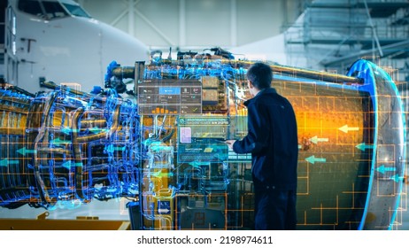 High-Tech Futuristic Technology Concept: Visualization Of Futuristic Airplane Engine Maintenance Conducted By Engineer Holding Digital Tablet Computer. VFX Of Analytics Checking Of Plane Turbine.