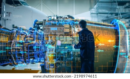 High-Tech Futuristic Technology Concept: Visualization Of Futuristic Airplane Engine Maintenance Conducted by Engineer Holding Digital Tablet Computer. VFX of Analytics Checking of Plane Turbine.