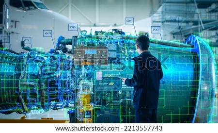 High-Tech Futuristic Technology Concept: Visualization Of Futuristic Airplane Engine Maintenance Conducted by Engineer Holding Digital Tablet Computer. VFX of Analytics Checking the Turbine.