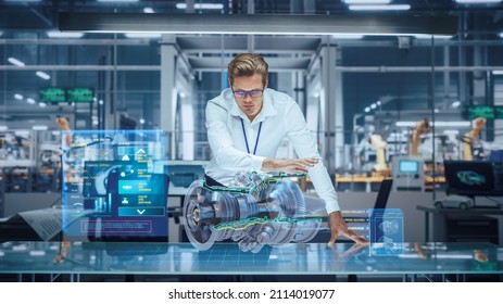 High-Tech Industry: Engineer Designing 3D Engine, Using Augmented Reality Hologram Table to Analyse Prototype Model. Turbine for Green Energy Electricity Production. Automated Robot Arm Manufacturing - Powered by Shutterstock