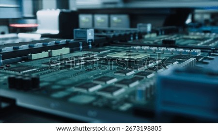 High-tech Pcb Assembly Line Featuring Precision Robotics and Microchip Integration, Highlighting Advanced Semiconductor Manufacturing Processes With Automated Soldering and Component Placement.