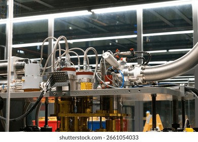 High-tech Quantum Computer Setup in Laboratory with Cryogenic Cooling System and Complex Wiring in Glass-Enclosed Room. - Powered by Shutterstock - Get 15% off with code: PIKWIZARD15