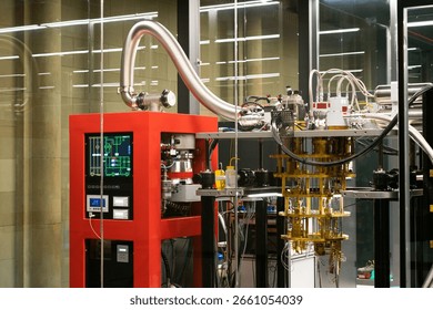 High-tech Quantum Computer Setup in Laboratory with Cryogenic Cooling System and Complex Wiring in Glass-Enclosed Room.