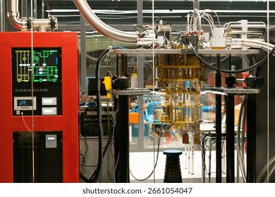 High-tech Quantum Computer Setup in Laboratory with Cryogenic Cooling System and Complex Wiring in Glass-Enclosed Room.
