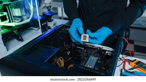 High-tech semiconductor microchip processing unit on circuit board, modern CPU technology for AI, computer hardware and electronic component concept.