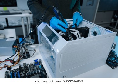 High-tech semiconductor microchip processing unit on circuit board, modern CPU technology for AI, computer hardware and electronic component concept.