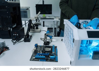 High-tech semiconductor microchip processing unit on circuit board, modern CPU technology for AI, computer hardware and electronic component concept.